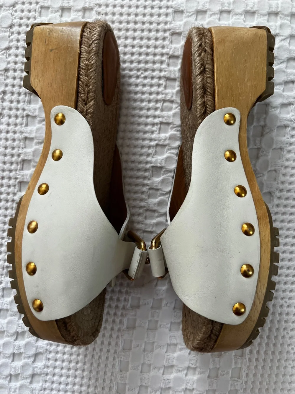 See By Chloe White Leather Slide Sandals with Gold Buckles